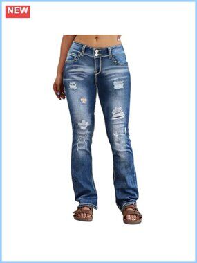 Plus Size Ripped Distressed Bootcut Jeans High Waist Stretch Flare Denim Pants